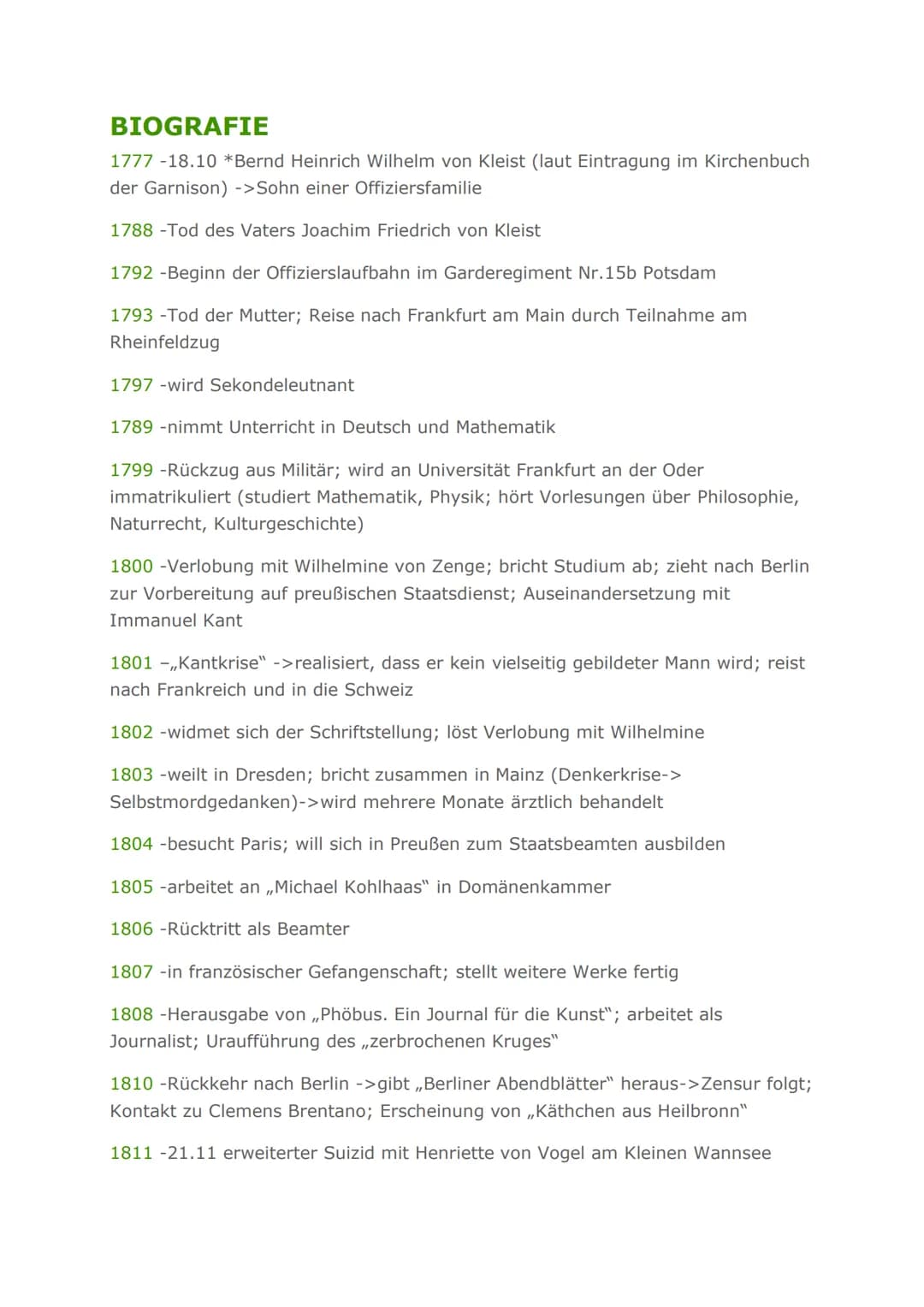 HEINRICH VON KLEIST
Ein Dramatiker, Erzähler, Publizist und
Lyriker
1777-1811 INHALT
Biografie..
Zeitliche Einordnung
2
Auffassungen zu gese