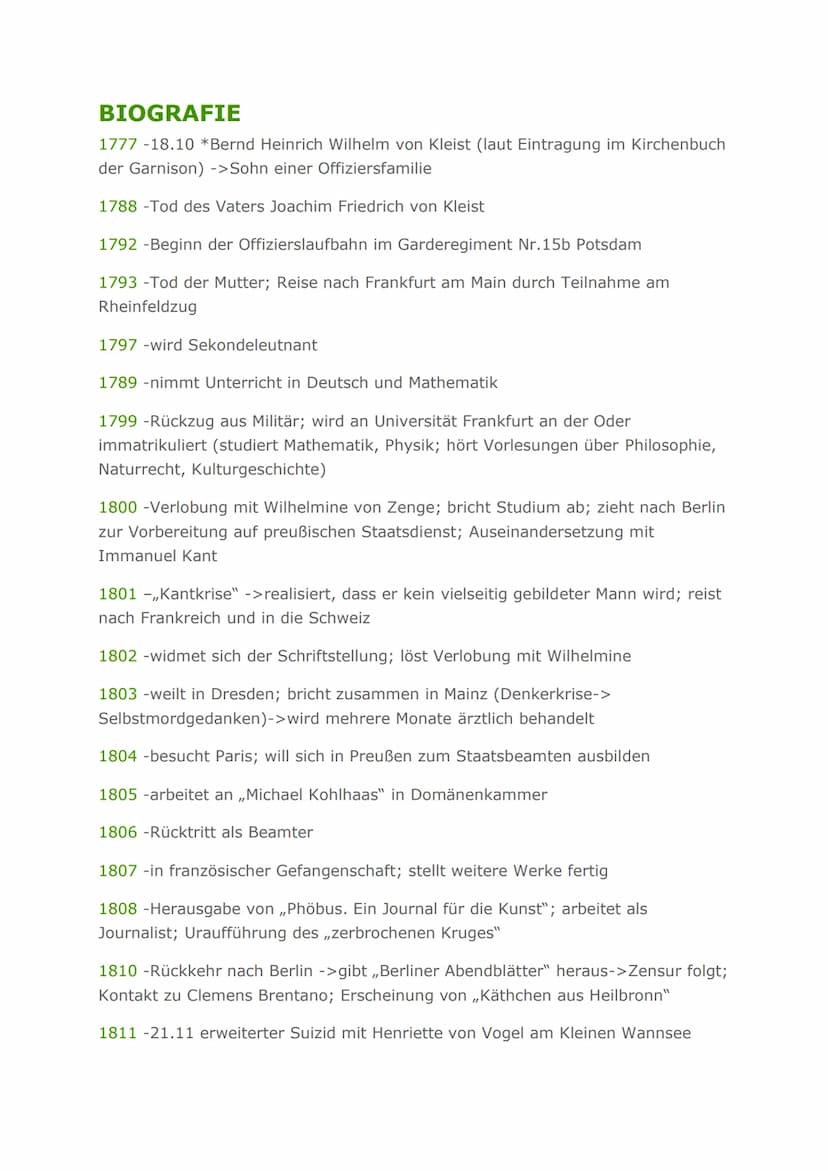 HEINRICH VON KLEIST
Ein Dramatiker, Erzähler, Publizist und
Lyriker
1777-1811 INHALT
Biografie..
Zeitliche Einordnung
2
Auffassungen zu gese
