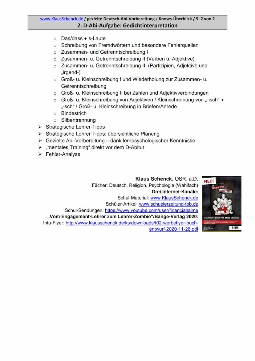 www.KlausSchenck.de / gezielte Deutsch-Abi-Vorbereitung / Knows-Überblick / S. 1 von 2
2. D-Abi-Aufgabe: Gedichtinterpretation
Alle Knows zu