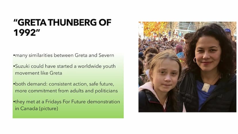 SEVERN SUZUKI
"THE GIRL WHO SILENCED THE WORLD FOR 5 MINUTES"
-environmental activist, cultural ambassador, television presenter and author
