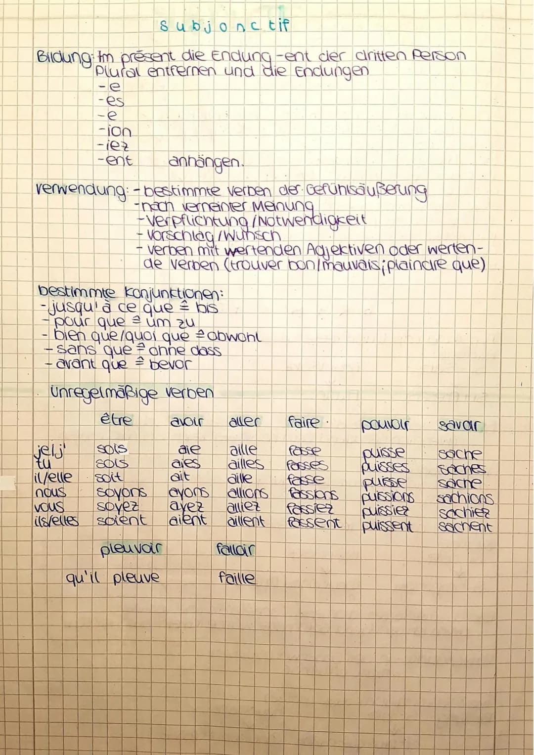 Bildung: Im présent die Endung-ent der dritten Person
Plural entfernen und die Endungen
-es
-e
-ion
-iez
-ent
Subjonctif
anhängen.
verwendun