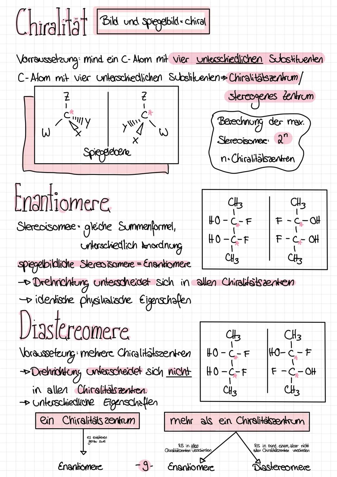 Chiralitat Bild und spiegelbild-chiral
Vorraussetzung: mind. ein C-Atom mit vier unterschiedlichen Substituenten
C-Afom mit vier unterschied