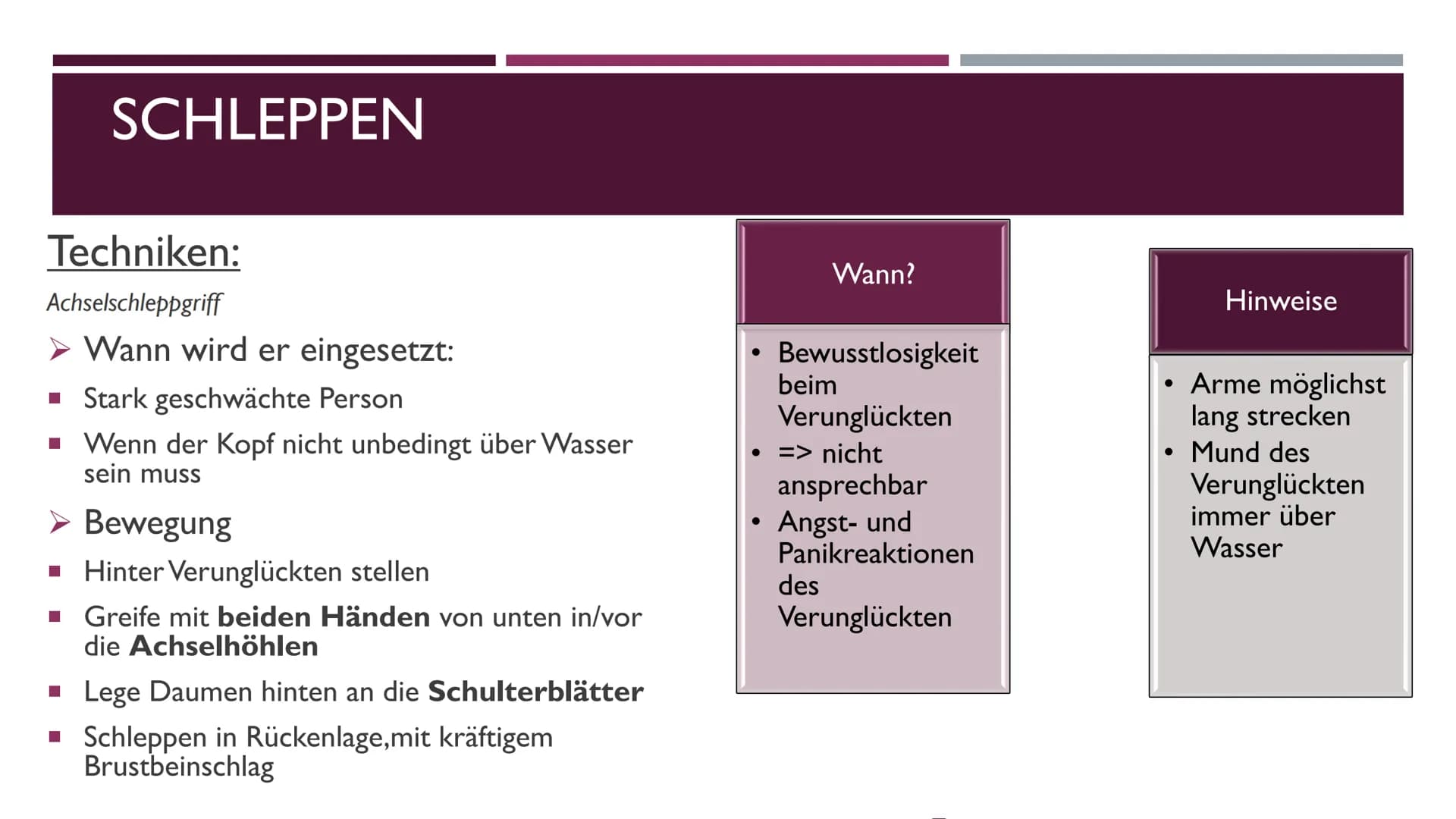 TRANSPORTIEREN UND SCHLEPPEN ALLGEMEINES
Was ist bei den Ausführungen aller Schleppgriffe immer gleich:
Bei allen müssen Mund und Nase des V