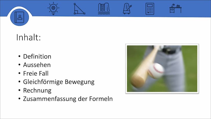 Der Waagerechte Wurf
Von Lara Inhalt:
• Definition
• Aussehen
{0}
À
Freie Fall
Gleichförmige Bewegung
Rechnung
Zusammenfassung der Formeln D