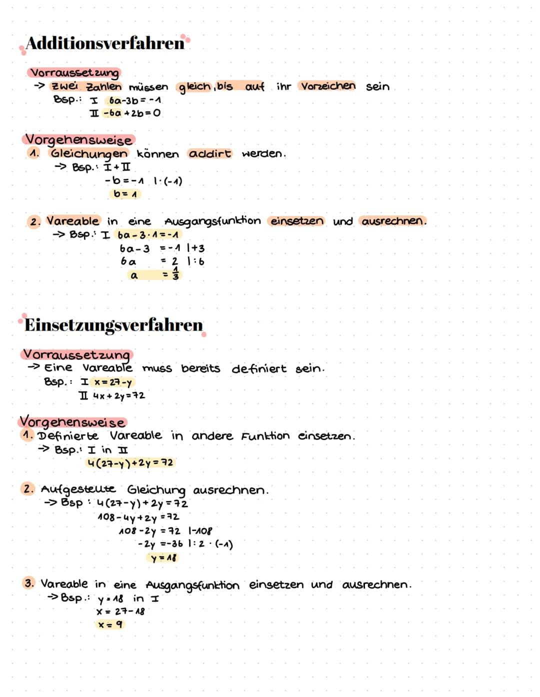 Additionsverfahren
Vorraussetzung.
→→ Zwei Zahlen müssen gleich, bis auf ihr Vorzeichen sein
Bsp.: I 6a-3b = -1
II-ba +2b=0₁
Vorgehensweise
