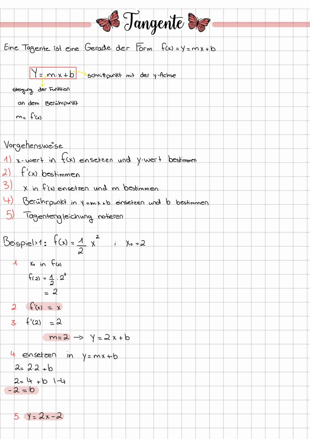 Tangente
Eine Tagente ist eine Gerade der Form f(x) =y=mx+b
Steigung der Funktion
an dem Berührpunkt
m= f'(x)
Vorgehensweise
1) x-wert in
f(