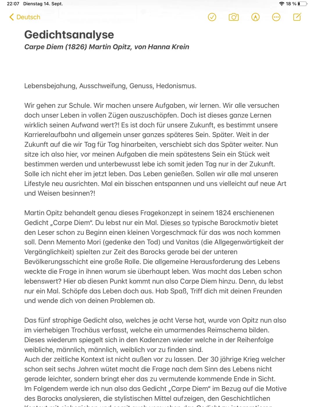 22:07 Dienstag 14. Sept.
Deutsch
Kontext mit einbeziehen und somit auch versuchen das Gedicht zu interpretieren.
18%
Im Allgemeinen erstmal 