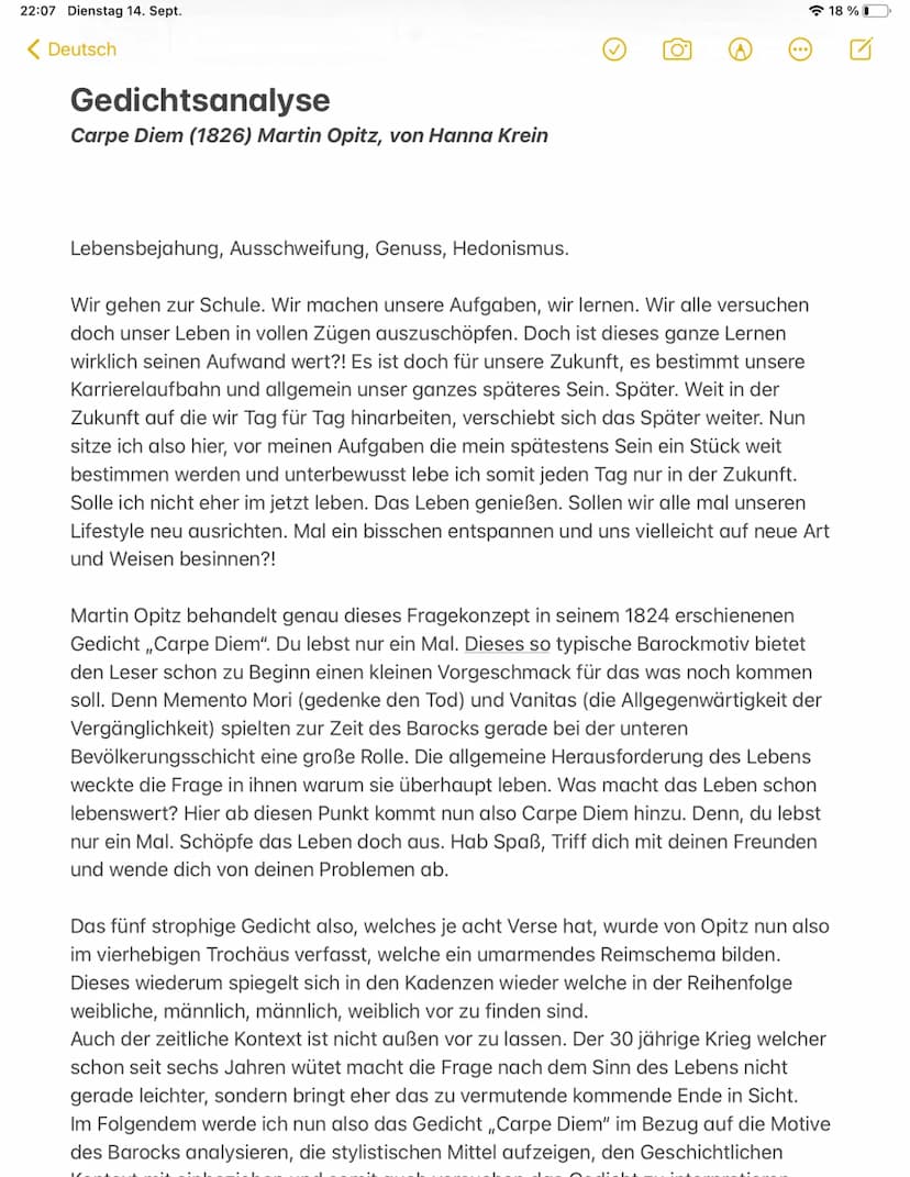 22:07 Dienstag 14. Sept.
Deutsch
Kontext mit einbeziehen und somit auch versuchen das Gedicht zu interpretieren.
18%
Im Allgemeinen erstmal 
