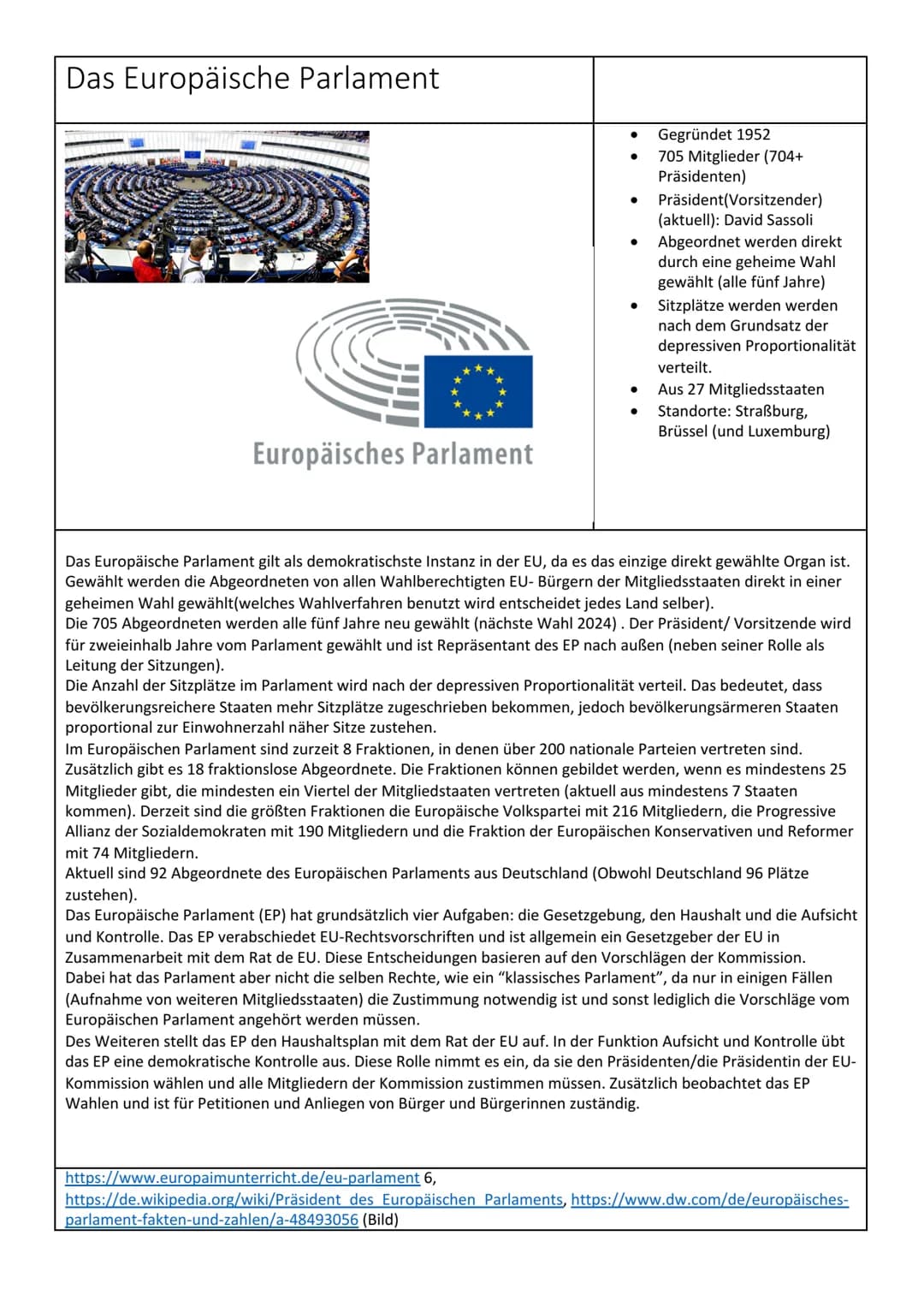 Das Europäische Parlament
Europäisches Parlament
●
●
Gegründet 1952
705 Mitglieder (704+
Präsidenten)
Präsident(Vorsitzender)
(aktuell): Dav