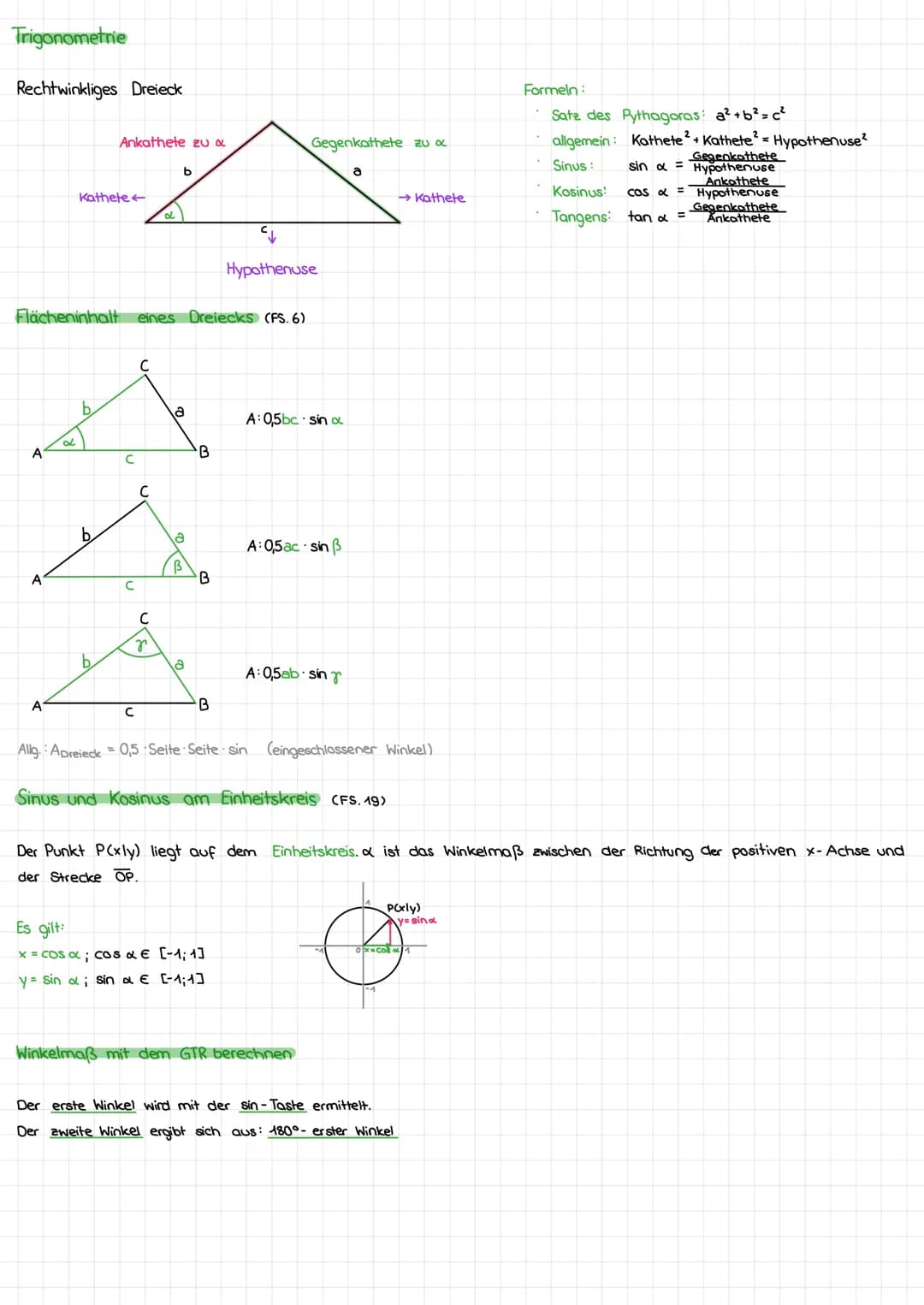 Trigonometrie
Rechtwinkliges Dreieck
A
A
A
∞
Kathete
Flächeninhalt eines Dreiecks (FS. 6)
b.
Ankathete zu α
b.
b
с
C
2
d
b
Es gilt:
x = cos 