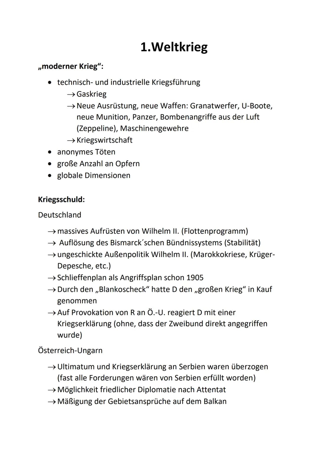 ,,moderner Krieg":
• technisch- und industrielle Kriegsführung
→ Gaskrieg
→ Neue Ausrüstung, neue Waffen: Granatwerfer, U-Boote,
neue Muniti