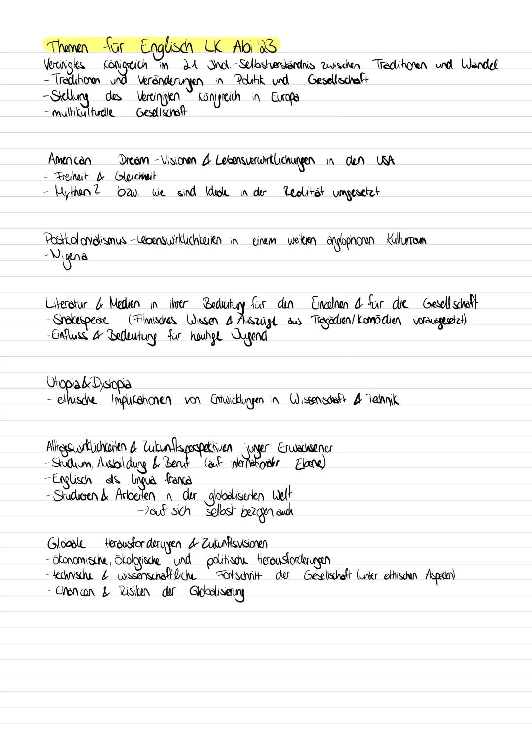 # Zusammenfassung

Englisch LK

Abitur 2023 NRW # Themen für Englisch LK Abi 23
Vereinigtesoren conigreich
-Traditio in 21 Jhd. Selbstverstä