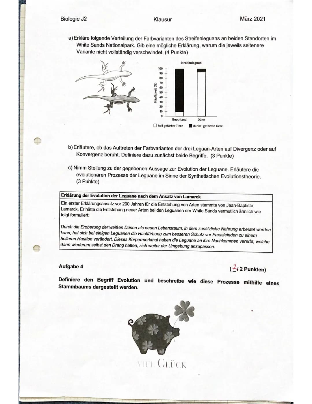 Biologie J2
Name:.
Tanja.
Notenpunkte:
mündlich: .........
schriftlich:11.
Klausur
Punkte: 22/30
Su 21.03.2021
Aufgabe 1
In den versteinerte