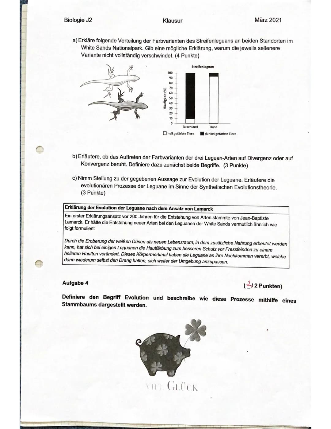 Biologie J2
Name:.
Tanja.
Notenpunkte:
mündlich: .........
schriftlich:11.
Klausur
Punkte: 22/30
Su 21.03.2021
Aufgabe 1
In den versteinerte