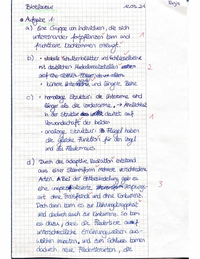 Biologie J2
Name:.
Tanja.
Notenpunkte:
mündlich: .........
schriftlich:11.
Klausur
Punkte: 22/30
Su 21.03.2021
Aufgabe 1
In den versteinerte