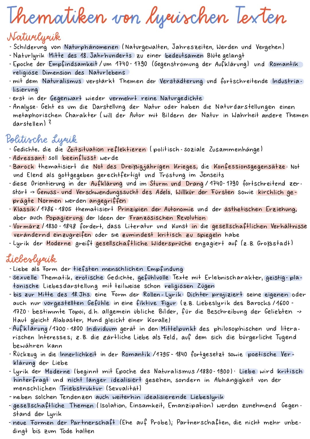 Thematiken von lyrischen Texten
Naturlyaik
- Schilderung von Naturphänomenen (Naturgewalten, Jahreszeiten, Werden und Vergehen)
- Naturlyrik