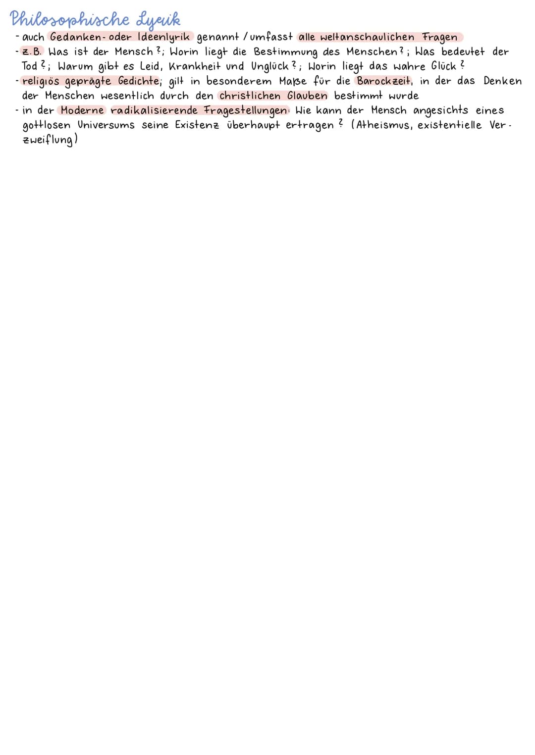 Thematiken von lyrischen Texten
Naturlyaik
- Schilderung von Naturphänomenen (Naturgewalten, Jahreszeiten, Werden und Vergehen)
- Naturlyrik