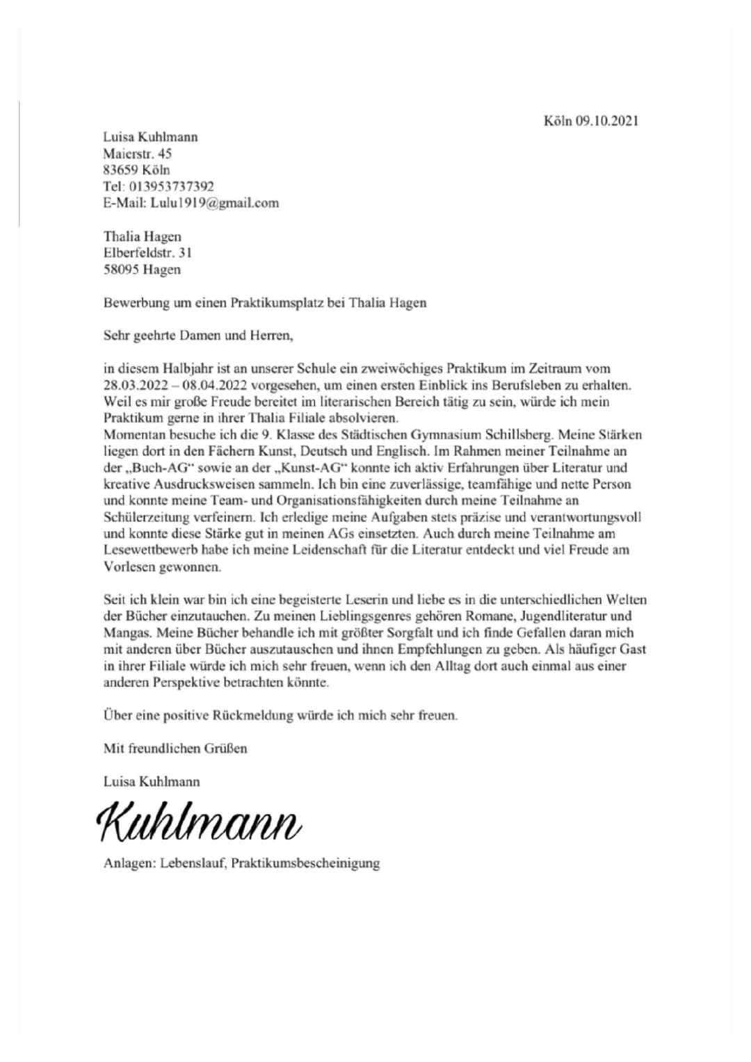Bewerbung für eine Buchhandlung (Thalia)
