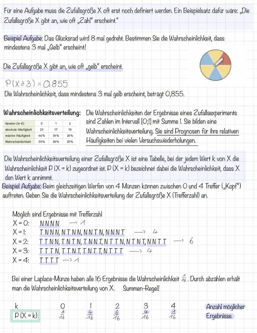  Wahrscheinlichkeit:
P(...)
Lernzettel Klausur
Grundbegriffe der Wahrscheinlichkeitsrechnung:
Die relative Häufigkeit nähert sich bei immer 