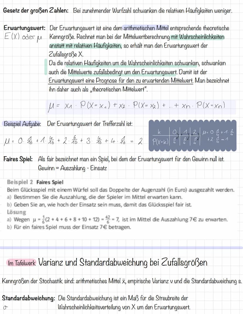  Wahrscheinlichkeit:
P(...)
Lernzettel Klausur
Grundbegriffe der Wahrscheinlichkeitsrechnung:
Die relative Häufigkeit nähert sich bei immer 