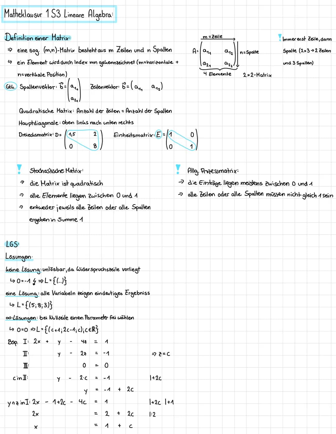 Matheklausur 153 Lineare Algebra:
Definition einer Matrix:
eine sog. (m,n)-Matrix besteht aus m Zeilen und n Spalten
ein Element wird durch 