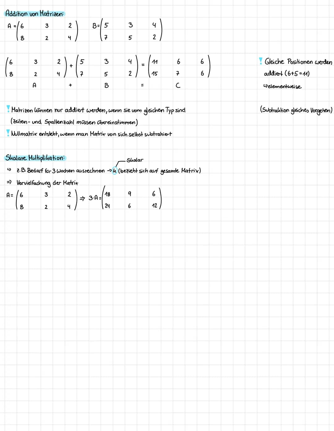 Matheklausur 153 Lineare Algebra:
Definition einer Matrix:
eine sog. (m,n)-Matrix besteht aus m Zeilen und n Spalten
ein Element wird durch 