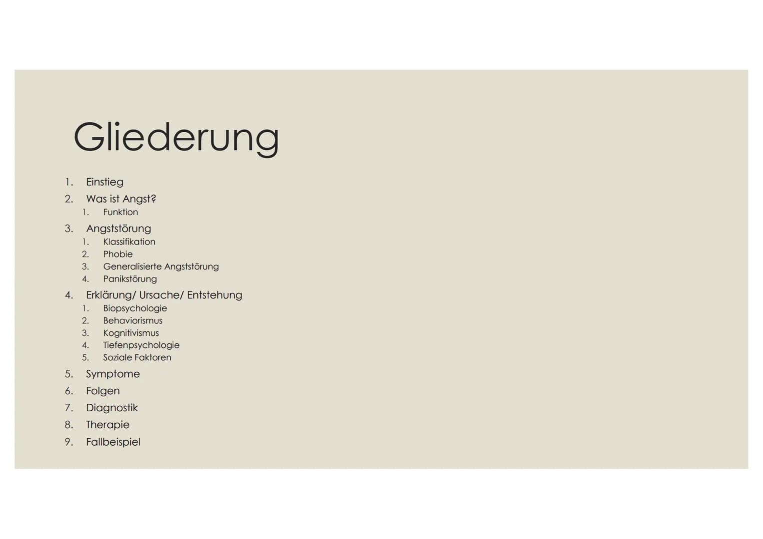 永原不原
ANGST(STÖRUNGEN) Gliederung
1.
Einstieg
2. Was ist Angst?
1. Funktion
3. Angststörung
1. Klassifikation
2.
Phobie
3. Generalisierte Ang