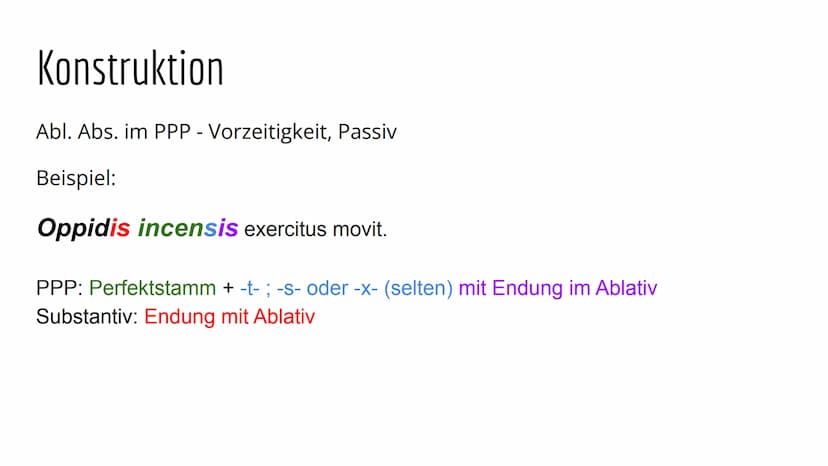 Abl. Abs Gliederung
Definition
Konstruktion
Abl. Abs im PPA
Abl. Abs im PPP
Übersetzung
Übungsaufgaben
Quellen Definiton
Partizipialkonstruk
