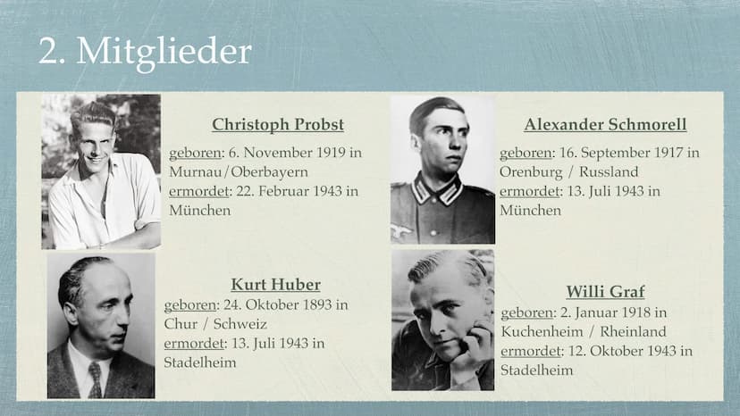 Die Weiße Rose Gliederung
1. Allgemeine Informationen
2. Mitglieder
3. Entstehung
4. Ziele
5. Beginn des Widerstands
6. Ende des Widerstands