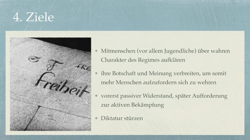 Die Weiße Rose Gliederung
1. Allgemeine Informationen
2. Mitglieder
3. Entstehung
4. Ziele
5. Beginn des Widerstands
6. Ende des Widerstands