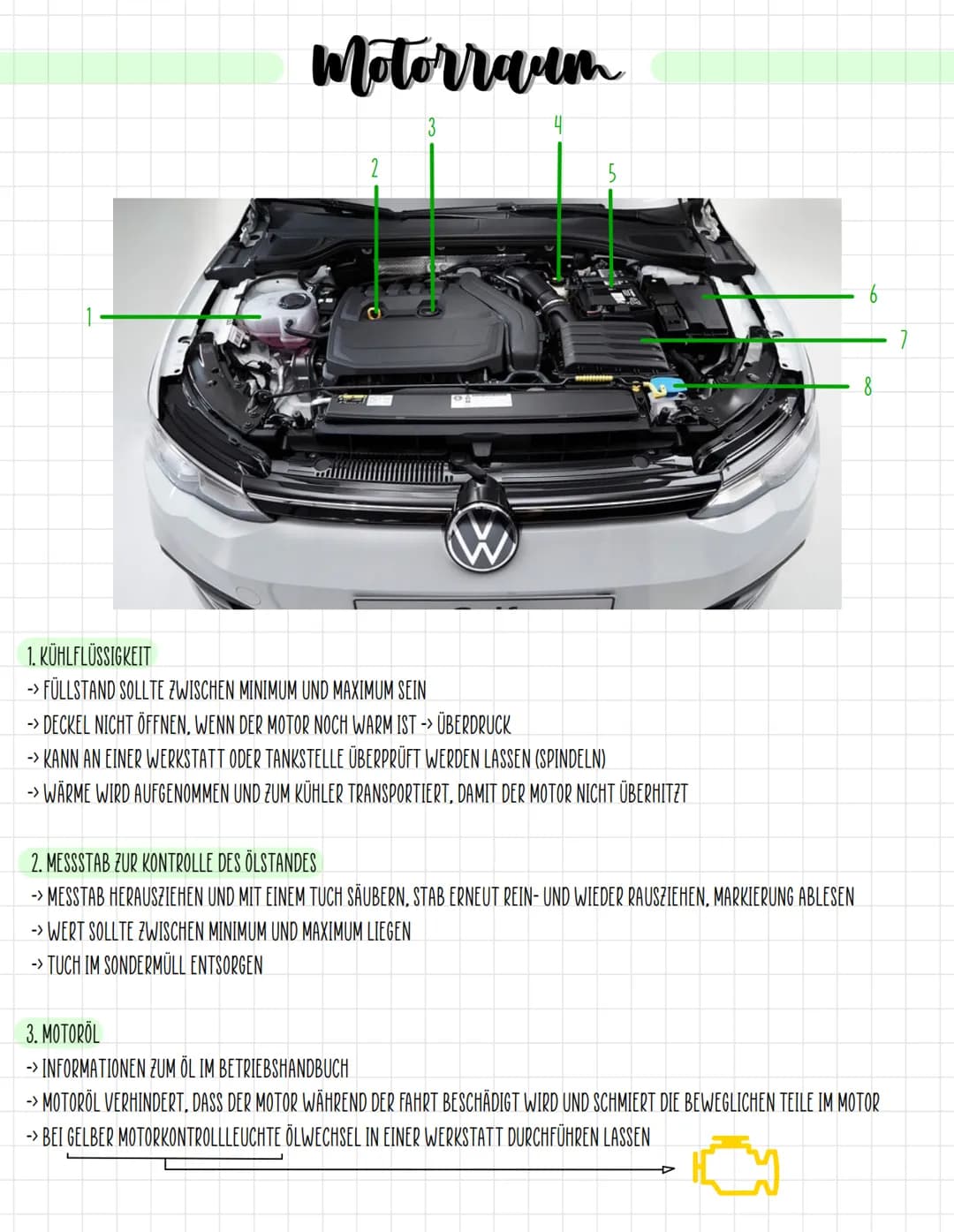 Motorraum
2
4
5
1. KÜHLFLÜSSIGKEIT
-> FÜLLSTAND SOLLTE ZWISCHEN MINIMUM UND MAXIMUM SEIN
-> DECKEL NICHT ÖFFNEN, WENN DER MOTOR NOCH WARM IS