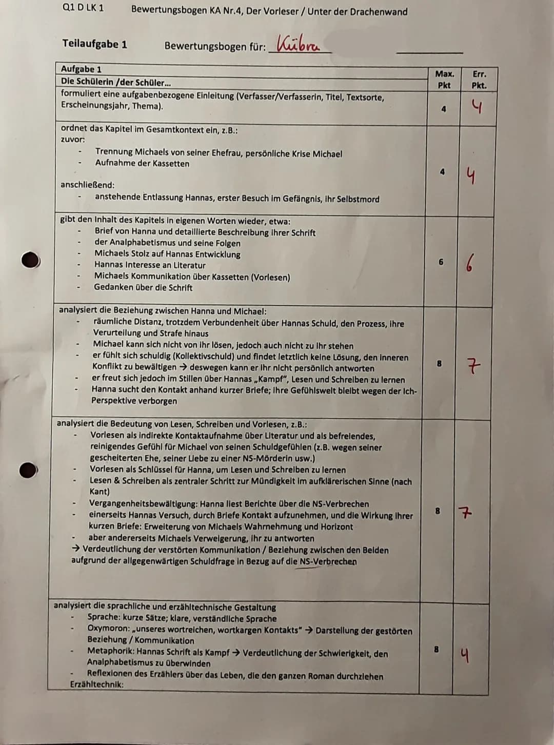 veit,
Michael,
Hanna
Q1 D LK 1
4. Klausur, Schuljahr 2020/2021
Reihe: Bernhard Schlink - Der Vorleser
Aufgabenstellung:
1. Analysiere den vo