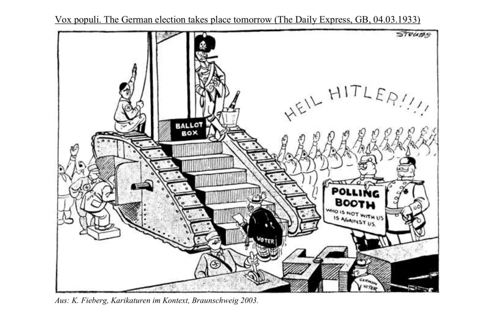 Vox populi. The German election takes place tomorrow (The Daily Express, GB, 04.03.1933)
BALLOT
BOX
CEBO
VOTER
Aus: K. Fieberg, Karikaturen 