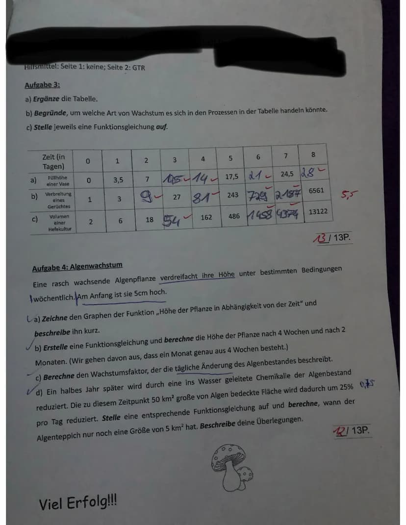 Hilfsmittel: Seite 1: keine; Seite 2: GTR
Aufgabe 1:
a) Der Graph der Exponentialfunktion mit f(x)=a-b* geht durch die Punkte P und Q. Besti