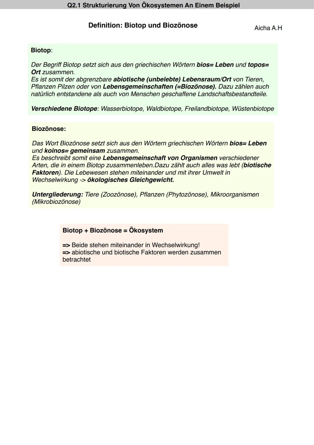 Q2.1 Strukturierung Von Ökosystemen An Einem Beispiel
Definition: Biotop und Biozönose
Biozönose:
Biotop:
Der Begriff Biotop setzt sich aus 