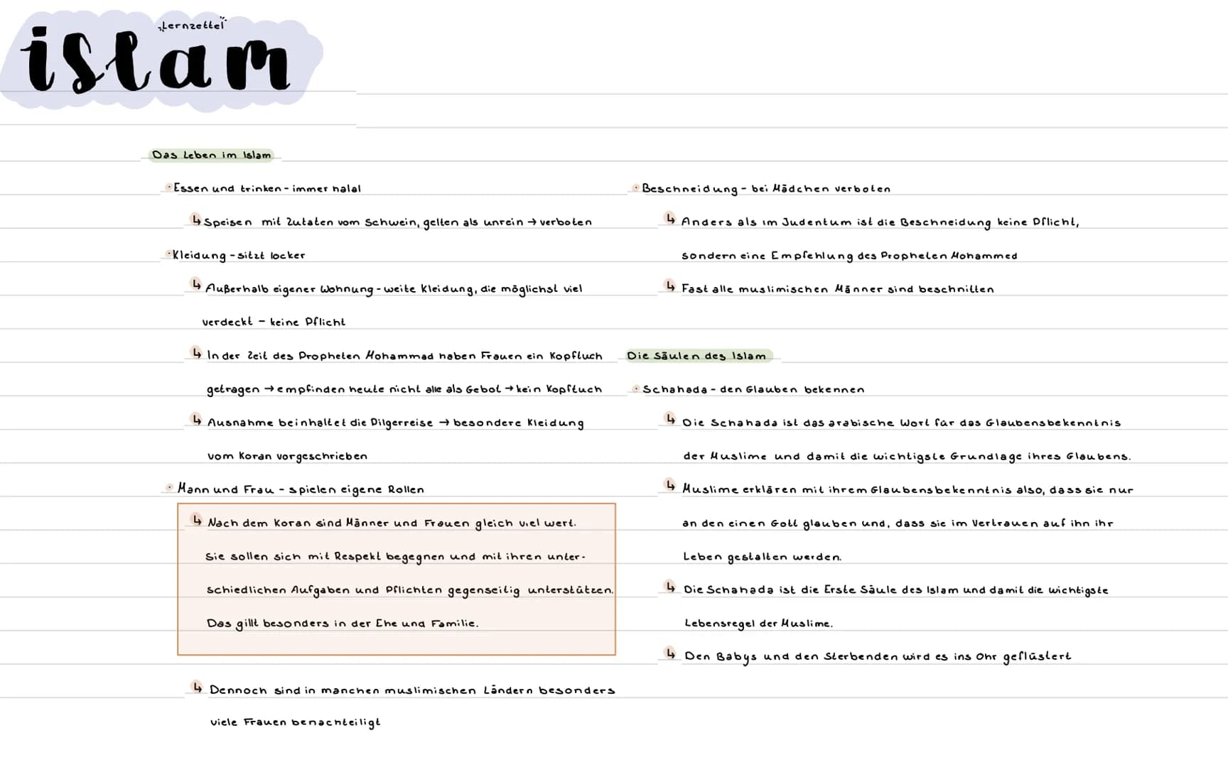 Lernzettel
istam
Das Leben im Islam.
Essen und trinken - immer halal
4 Speisen mit Zutaten vom Schwein, gelten als unrein → verboten
Kleidun