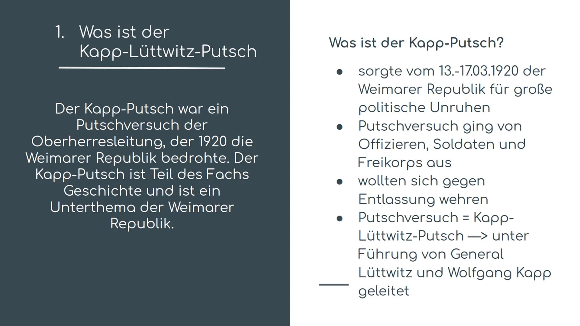 1111 falt!
Kapp-Lüttwitz-Putsch
Wer weiter geht
wird erschossen
„Der Kapp-Lüttwitz-Putsch hat die Lage der Weimarer
Republik nur verschlecht