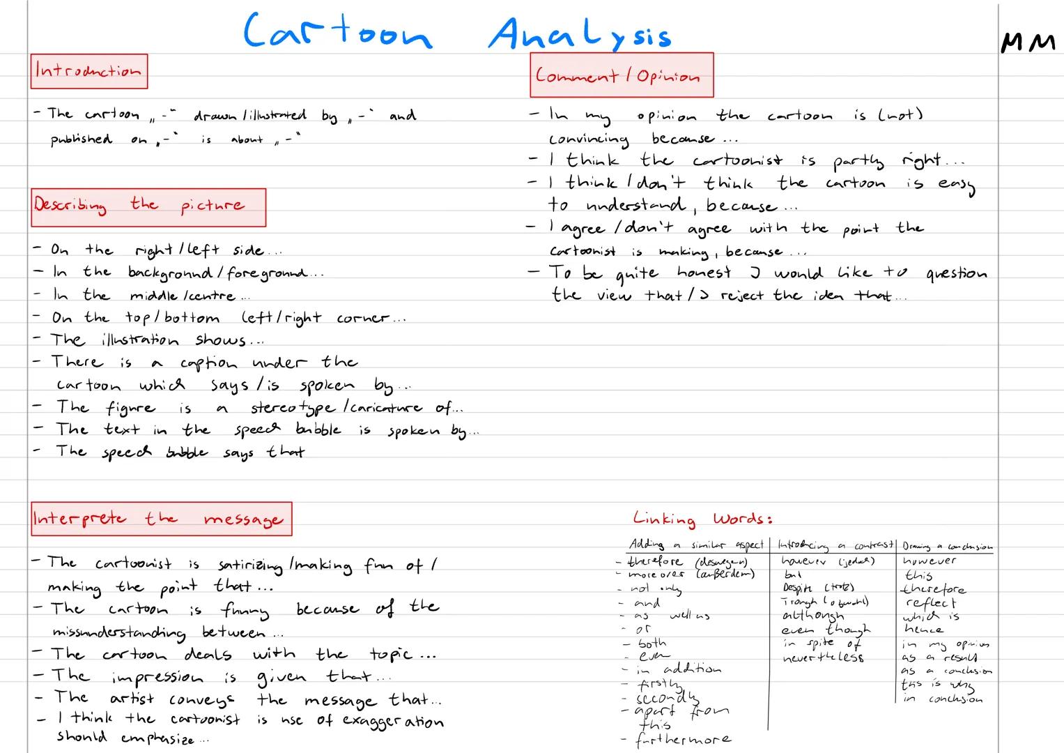 # Cartoon Analysis

Introduction

- The cartoon "_" drawn \illustrated by `_` and
  Published on, `_` is about `_`

Describing the picture

