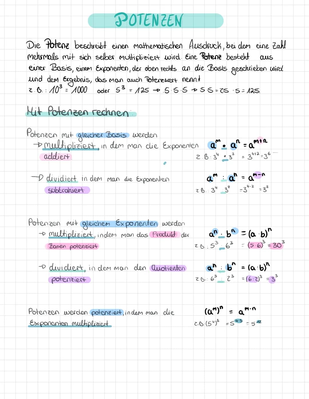 POTENZEN
Die Potenz beschreibt einen mathematischen Ausdruck, bei dem eine Zahl
mehrmals mit sich selber multipliziert wird. Eine Potenz bes