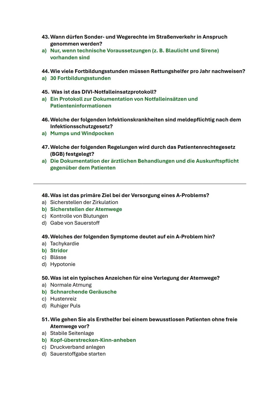 # Klausurfragen

1. Wie groß ist das Atemzugvolumen bei einem Erwachsenen?
 a) 500ml
 b) 1000ml
 c) 800ml
 d) 1500ml

2. Wie lautet das Verh