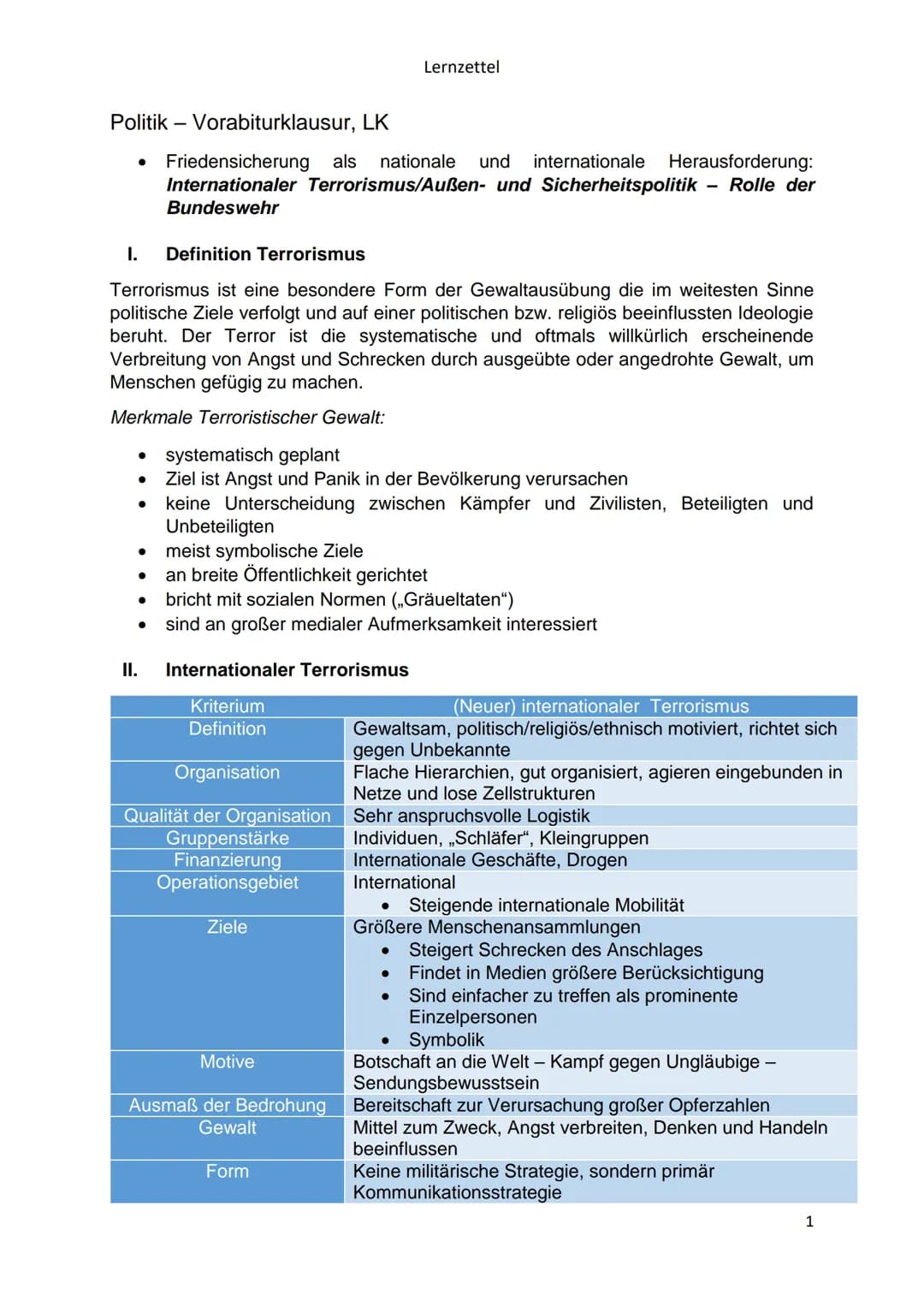 Politik - Vorabiturklausur, LK
Friedensicherung als nationale und internationale Herausforderung:
Internationaler Terrorismus/Außen- und Sic