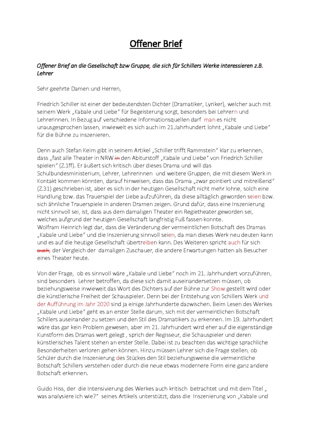 Offener Brief Schillers Werke