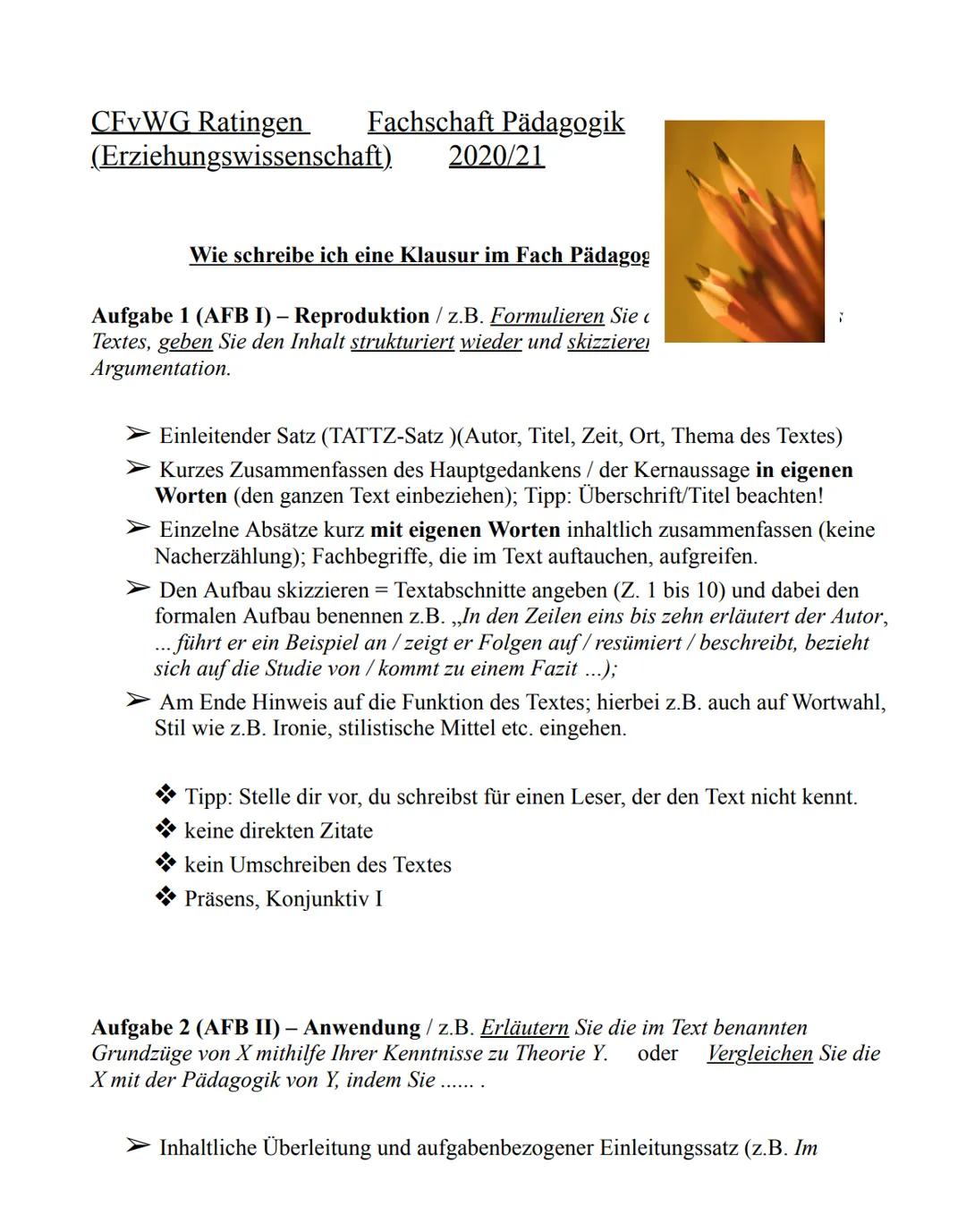 CFvWG Ratingen
(Erziehungswissenschaft).
Fachschaft Pädagogik
2020/21
Wie schreibe ich eine Klausur im Fach Pädagog
Aufgabe 1 (AFB I) - Repr