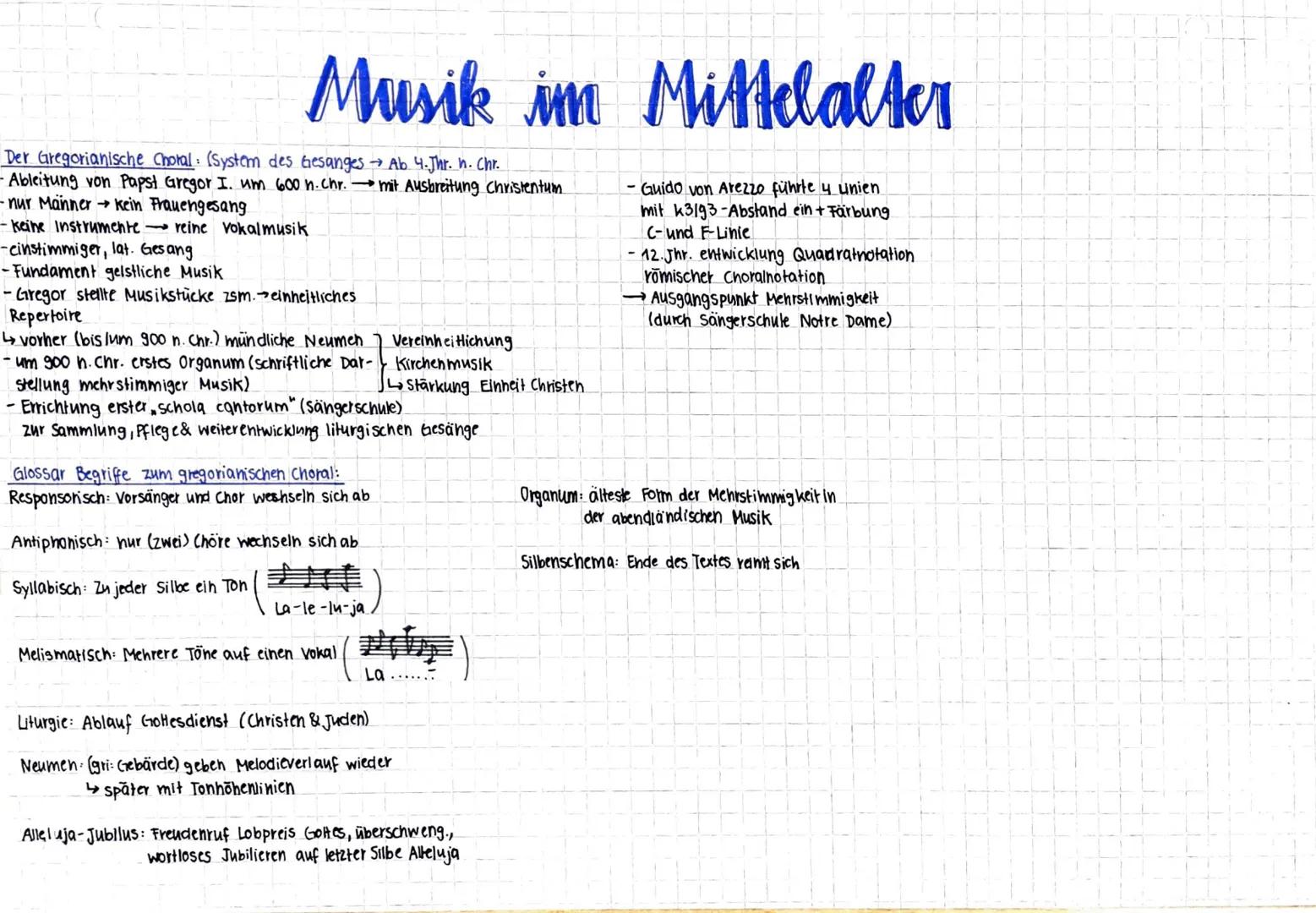# Musik im Mittelalter

Der Gregorianische Choral (System des Gesanges Ab 4. Jhr. n. Chr.

-Ableitung von Papst Gregor I. um 600 n.Chr. mit 