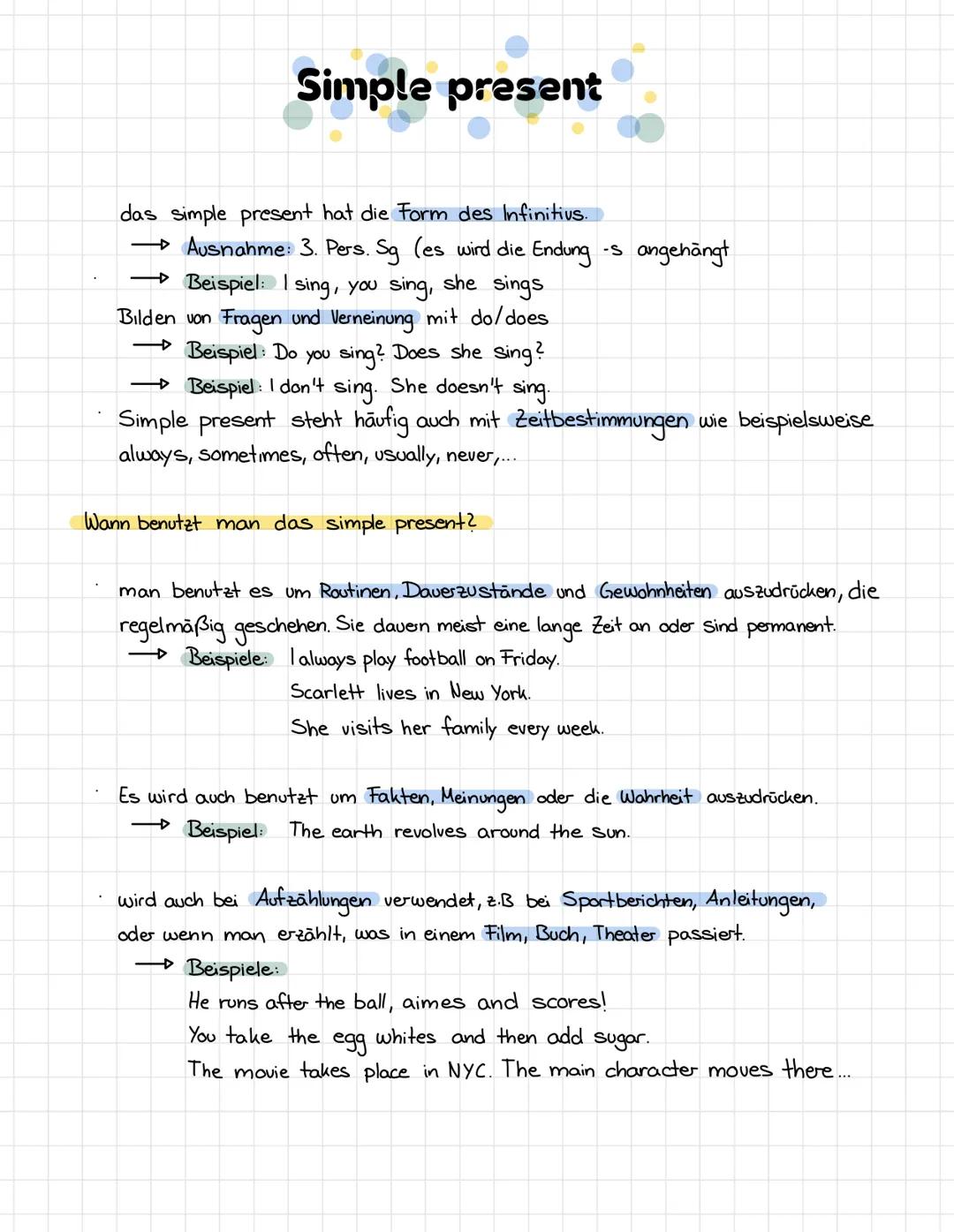 Simple present
das simple present hat die Form des Infinitius.
→ Ausnahme: 3. Pers. Sg (es wird die Endung
→ Beispiel: Ising, you sing,
she 