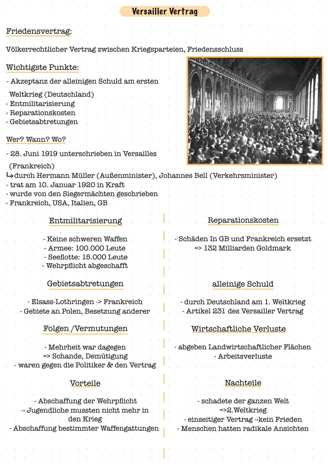 Friedensvertrag:
Völkerrechtlicher Vertrag zwischen Kriegsparteien, Friedensschluss
Wichtigste Punkte:
- Akzeptanz der alleinigen Schuld am 