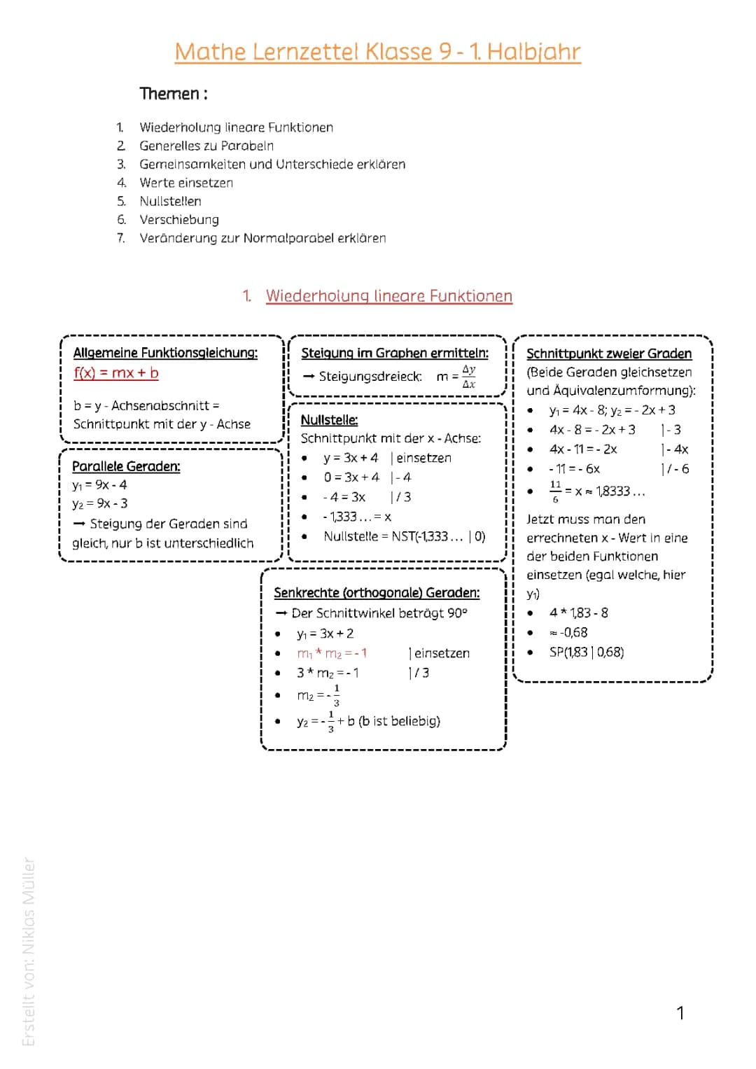 Lineare Funktionen + Quadratische Funktionen / Parabeln: Gestreckt / Gestaucht, Werte einsetzen, Verschiebung, Veränderung zur Normalparabel