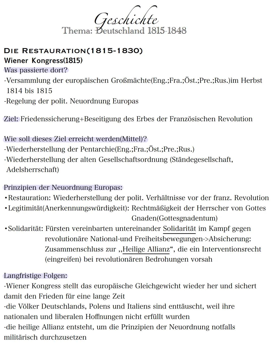 # Geschichte
Thema: Deutschland 1815-1848

# DIE RESTAURATION (1815-1830)
## Wiener Kongress(1815)
Was passierte dort?

- Versammlung der eu