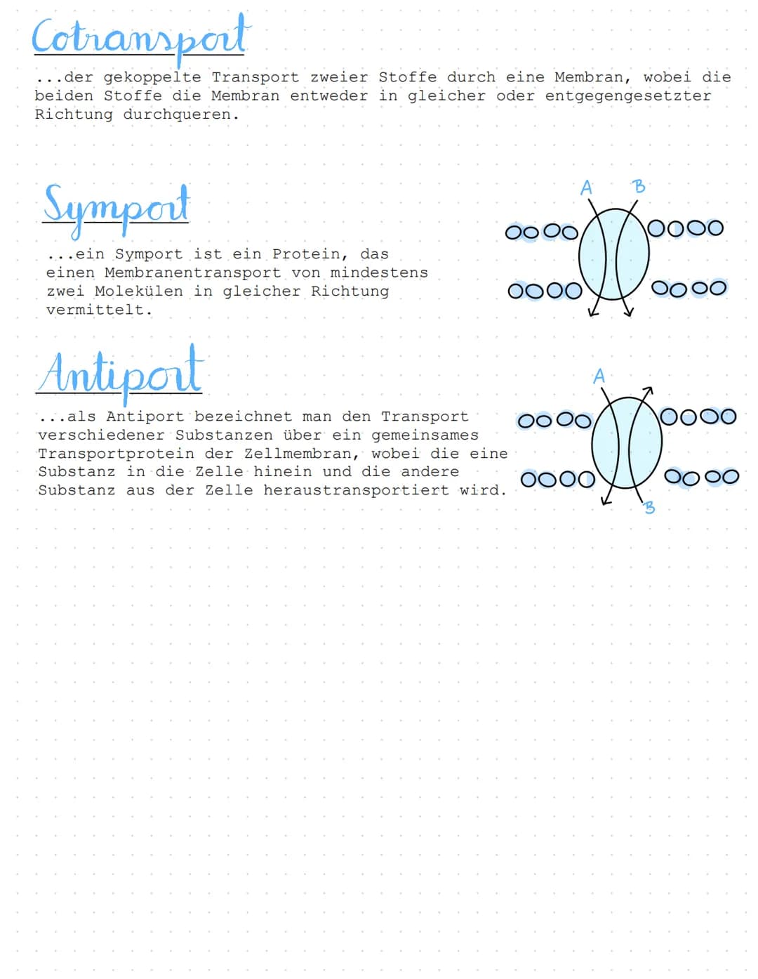 Cotransport
. der gekoppelte Transport zweier Stoffe durch eine Membran, wobei die
beiden Stoffe die Membran entweder in gleicher oder entge