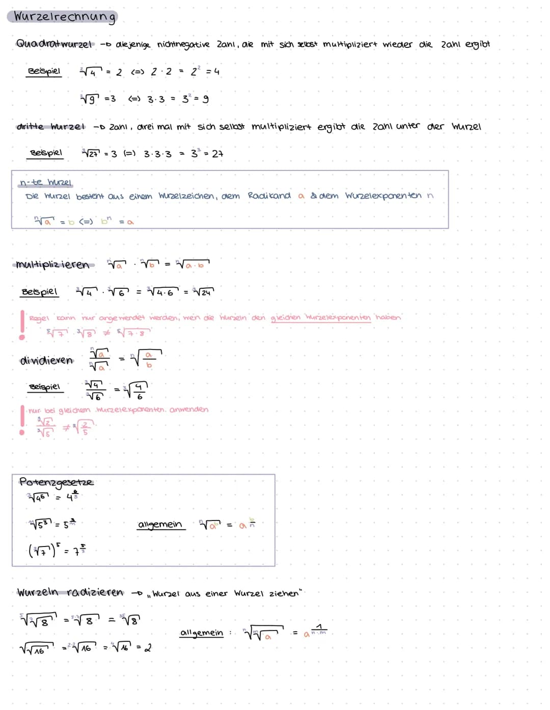 Wurzelrechnung
Quadratwurzel - diejenige nichtnegative Zani, die mit sich sellost multipliziert wieder die Zahl ergibt
Beispiel ²√√√4 = 2 (=